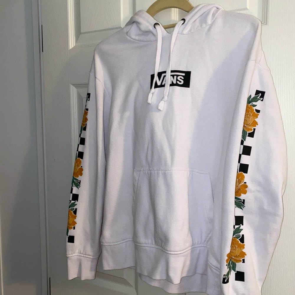 Vans White Hoodie with Orange Floral Sleeves small